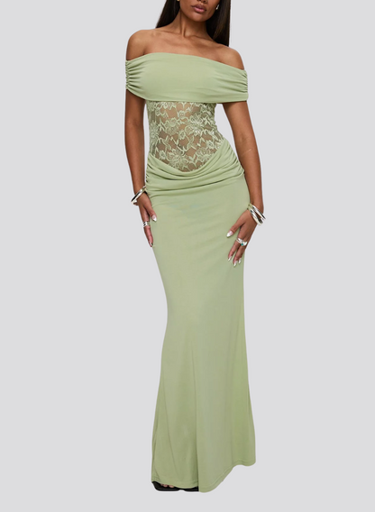 ROBE LONGUE MOULANTE VERTE À COL BARDOT à col bardot
