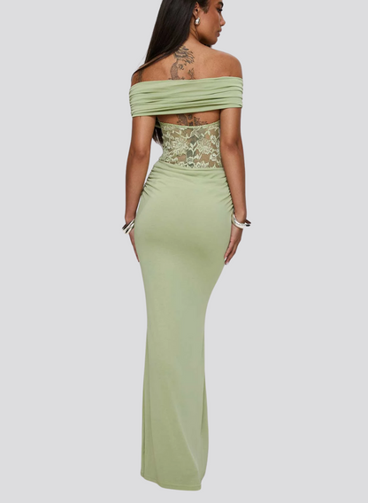 ROBE LONGUE MOULANTE VERTE À COL BARDOT à col bardot